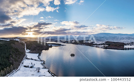 Aerial view of St. Colmcilles church, Glendowan, Lough Gartan, County Donegal - Ireland Aerial view of St. Colmcilles church, Glendowan, Lough Gartan, County Donegal - Ireland 100443552