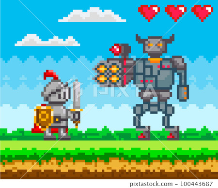 Warrior holding shield and sword standing on green grass. Knight attacks mechanical robot in armor 100443687