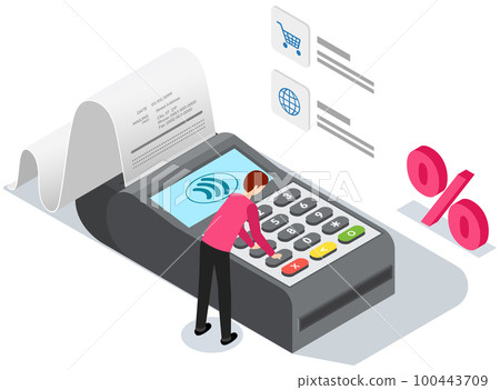 Guy receives check for payment for online purchases. Pos terminal confirms pay with tiny man 100443709