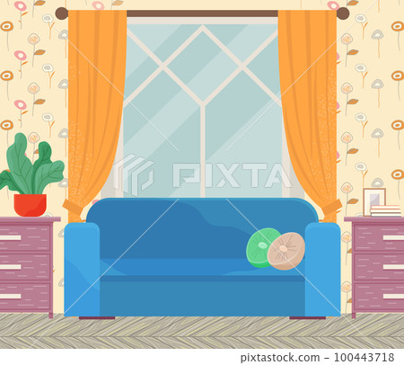Large soft blue sofa in interior of living room. Arrangement of furniture and layout of apartment Large soft blue sofa in interior of living room. Arrangement of furniture and layout of apartment 100443718