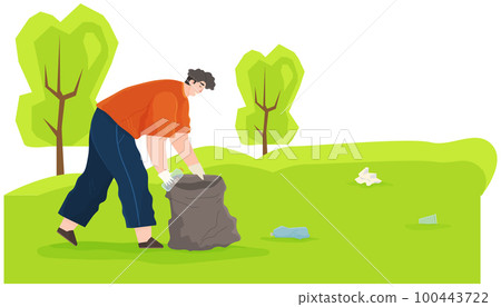 Man is removing plastic and paper waste outdoors during cold season. Guy throws bottle in trash bag 100443722