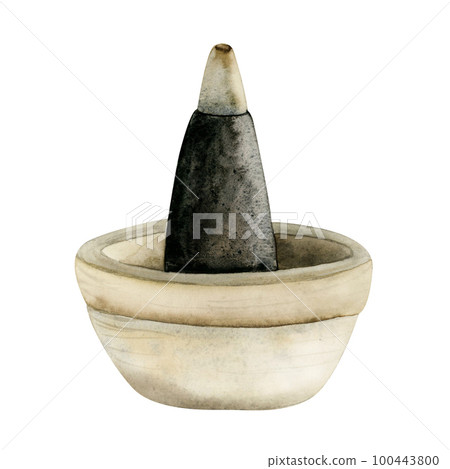 Incense burner cone for aromatherapy watercolor illustration. Aroma pyramid stick on the stand, ceramic bowl 100443800