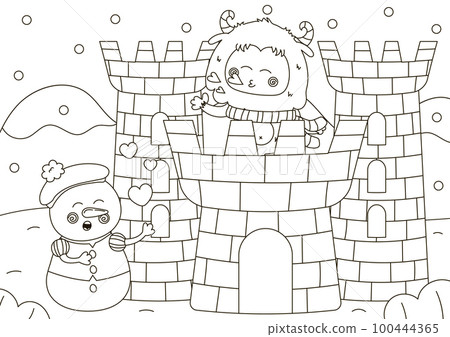 Funny coloring page with cute Yeti character blowing a kiss from snow castle and snowman singing romantic song 100444365