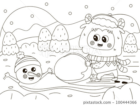 Funny coloring page with cute Yeti character making snowman, winter themed printable activity 100444366