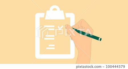 Hand with pen ticking done tasks with mark in check box of to do list. Filling form with checkboxes, choosing answer on sheet of paper, document. Flat vector illustration Hand with pen ticking done tasks with mark in check box of to do list. Filling form with checkboxes, choosing answer on sheet of paper, document. Flat vector illustration 100444379