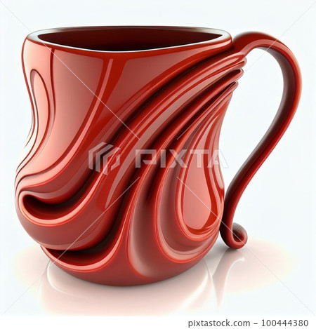 Red mug cup with coffee of unusual creative design closeup isolated on white Red mug cup with coffee of unusual creative design closeup isolated on white 100444380
