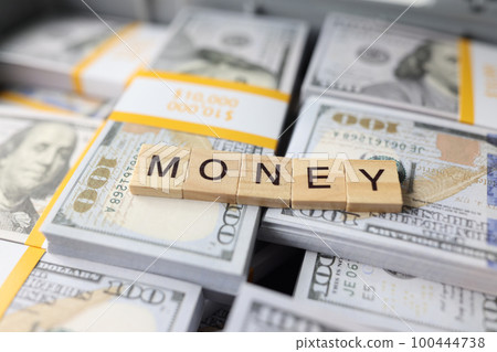 Word money collected from wooden bars on stacks of dollars close-up. Word money collected from wooden bars on stacks of dollars close-up. 100444738