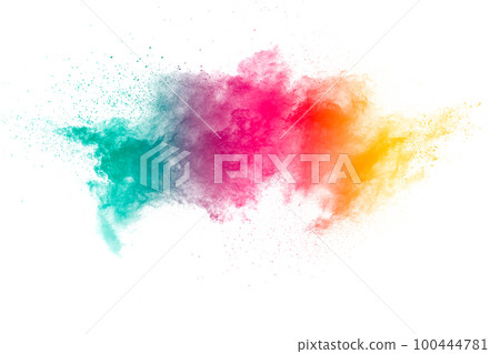 Yellow red and green dust explosion on white background. Red yellow and green powder splash. Yellow red and green dust explosion on white background. Red yellow and green powder splash. 100444781