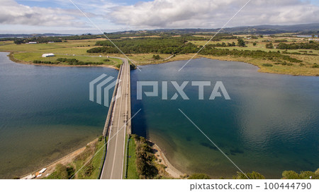 Aerial drone view of bridge en Chile. Bridge Quilo, Chiloe Island Chile 100444790