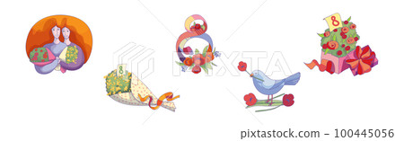 International Woman Day Holiday with Happy Female and Flowers Vector Set International Woman Day Holiday with Happy Female and Flowers Vector Set 100445056