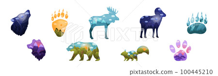 Silhouettes of Wild Animal and Footprint with Natural Forest Landscape Inside Vector Set 100445210