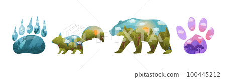 Silhouettes of Wild Animal and Footprint with Natural Forest Landscape Inside Vector Set 100445212