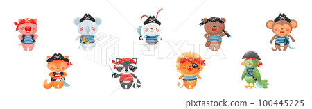 Animals Pirate in Corsair Hat and Bandana Wearing Striped Vest Vector Set Animals Pirate in Corsair Hat and Bandana Wearing Striped Vest Vector Set 100445225
