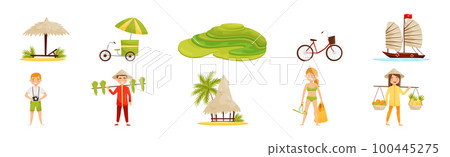 Travel to Vietnam with Man and Woman Character and Attribute Vector Illustration Set Travel to Vietnam with Man and Woman Character and Attribute Vector Illustration Set 100445275