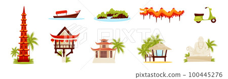 Vietnam Country Attribute with Pagoda, Dragon, Beach Hut and Buddha Statue Vector Set Vietnam Country Attribute with Pagoda, Dragon, Beach Hut and Buddha Statue Vector Set 100445276