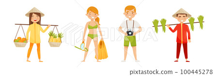 Man and Woman Character at Sea Shore in Vietnam Having Vacation Vector Illustration Set 100445278