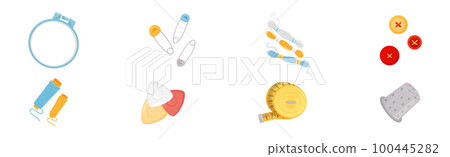 Sewing and Tailoring Accessories with Tambour, Pin, Yarn, Buttons, Thimble and Measuring Tape Vector Set 100445282