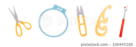 Sewing and Tailoring Accessories with Scissors, Unpicker, Tambour and Curve Vector Set 100445288