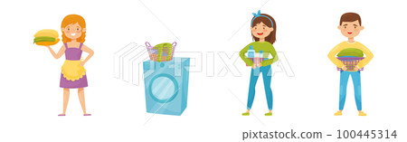 Man and Woman Character Holding Washed Clothing and Detergents Vector Set 100445314