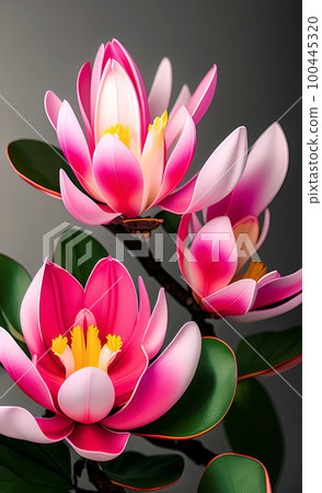 bright illustration of large pink magnolia flowers on a gray background, opening, design, volume 100445320