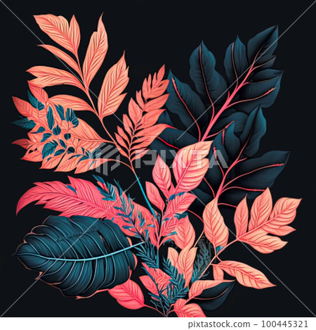 bright bouquet of blue and coral-pink tropical leaves on a black background, art, design 100445321