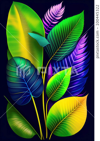 composition of bright tropical colorful leaves on a dark background, art, design 100445322