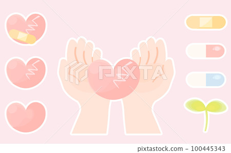 A cracked heart placed on the palm with a white border 100445343