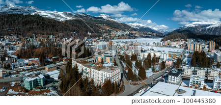 Aerial winter view of the worldwide famous ski resort of St. Moritz, Graubunden, Switzerland 100445380