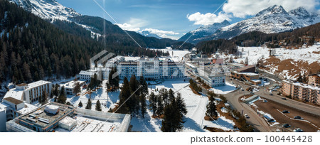 Aerial winter view of the worldwide famous ski resort of St. Moritz, Graubunden, Switzerland Aerial winter view of the worldwide famous ski resort of St. Moritz, Graubunden, Switzerland 100445428