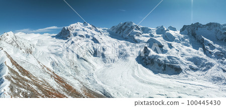 The Gorner Glacier Gornergletscher in Switzerland, second largest glacier in the Alps. Beautiful aerial panoramic view of the glacier. Eco global warming. The Gorner Glacier Gornergletscher in Switzerland, second largest glacier in the Alps. Beautiful aerial panoramic view of the glacier. Eco global warming. 100445430
