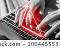 Caution concept. Neon sign over laptop. The person works at the computer. 100445553