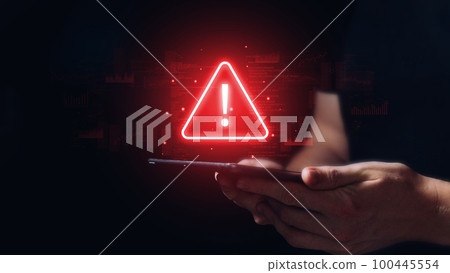 Caution concept. The person is holding a tablet with a sign. Caution concept. The person is holding a tablet with a sign. 100445554
