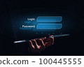 Security concept and holographic bars with password and login. The person is holding a tablet. 100445555