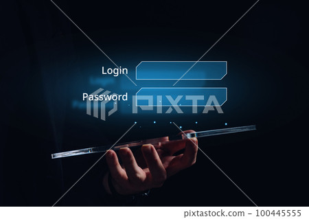 Security concept and holographic bars with password and login. The person is holding a tablet. 100445555