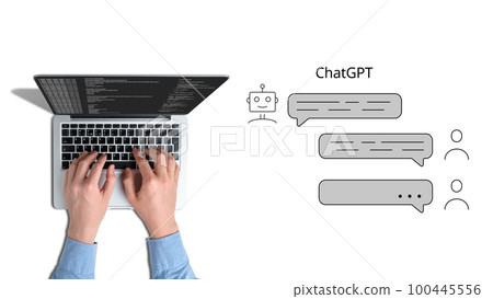 Chatgpt communication concept. Neural network and artificial intelligence. Person working on a laptop Chatgpt communication concept. Neural network and artificial intelligence. Person working on a laptop 100445556