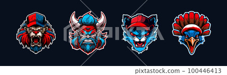 Cartoon animal head, red and blue sport logo collection with white outlined. Angry face of lion, viking, cat and turkey characters. Sport team mascot set. Vector illustration 100446413