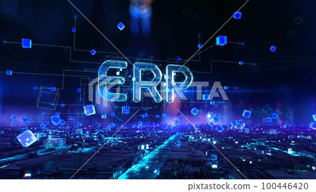 ERP - businessman working and touching virtual reality at night office. 100446420