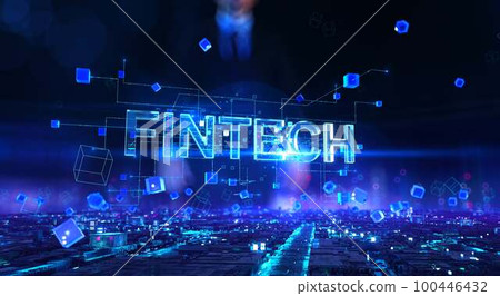 Fintech - businessman working and touching with virtual reality at night office. Fintech - businessman working and touching with virtual reality at night office. 100446432