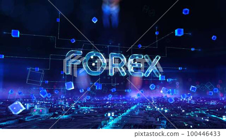 Forex - businessman working and touching with virtual reality at night office. 100446433