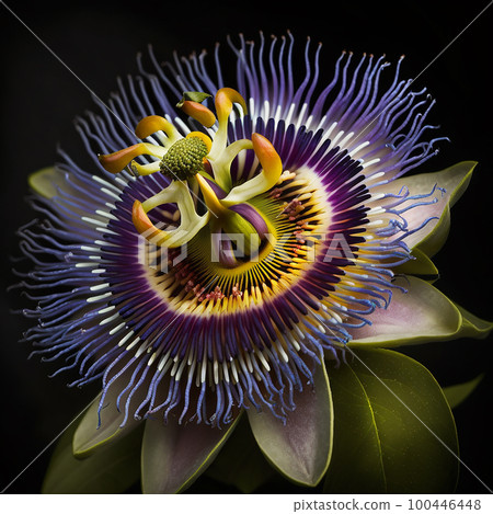 Lovely unusual purple passionflower flower isolated on black close-up, beautiful floral background, unusual wallpaper Lovely unusual purple passionflower flower isolated on black close-up, beautiful floral background, unusual wallpaper 100446448