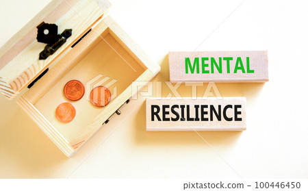 Mental resilience symbol. Concept word Mental resilience on wooden blocks. Beautiful white table white background. Wooden chest with coins. Business psychological mental resilience concept. Copy space 100446450