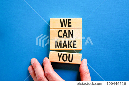 Support and we can make you symbol. Concept words We can make you on wooden blocks. Beautiful blue table blue background. Businessman hand. Business psychological we can make you concept. Copy space 100446516