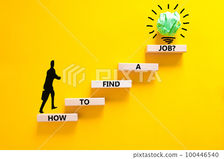 How to find a job symbol. Concept words How to find a job on wooden blocks on a beautiful yellow table yellow background. Businessman icon. Business and how to find a job concept. Copy space. 100446540