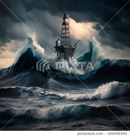 Oil derrick, platform in the ocean sea, close-up, waves 100446560