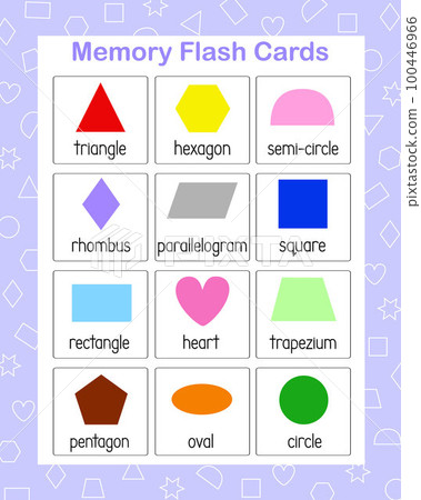 Memory game geometry shapes of different color, English vocabulary learning printable flash cards, educational topical worksheet for kids, kindergarten, pre-school leisure activity, teacher resources 100446966