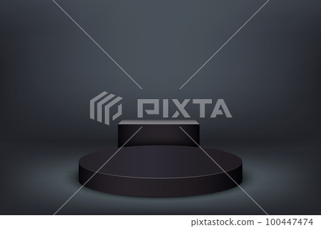 Podium round and square, stepped pedestal in dark colors on an abstract background Podium round and square, stepped pedestal in dark colors on an abstract background 100447474