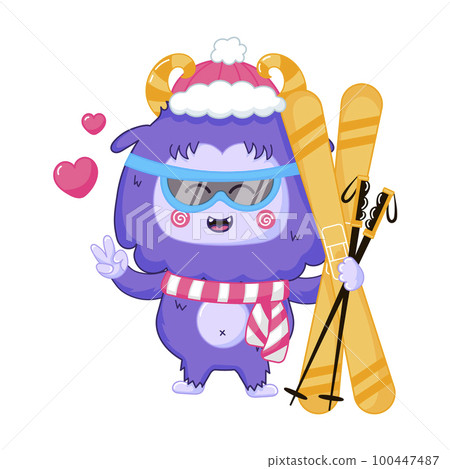 Funny Yeti mascot character skiing, winter sport outdoor activity Funny Yeti mascot character skiing, winter sport outdoor activity 100447487