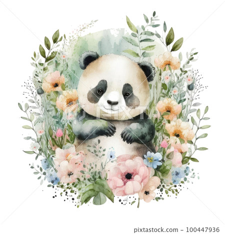 Cute Watercolor Panda. Illustration AI Generative 100447936