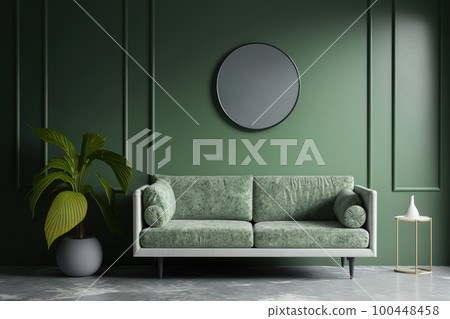 Green wall background minimalist sofa marble pattern wood. Illustration AI Generative 100448458
