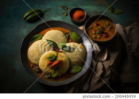 Idli sambar or Idli with sambhar and green red chutney Illustration AI Generative 100448459